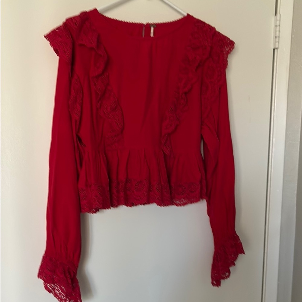 Free People Red Ruffled Bell Sleeve Crop Blouse